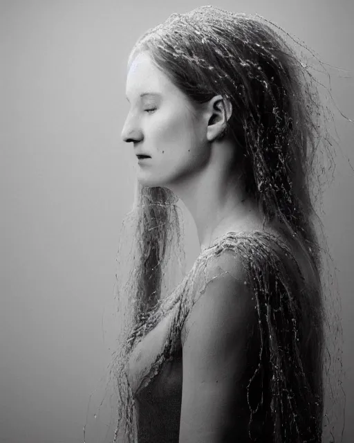 Image similar to a woman's face in profile, long flowing hair entwined in intricate decorative cobwebs, in the style of the dutch masters and gregory crewdson, dark and moody