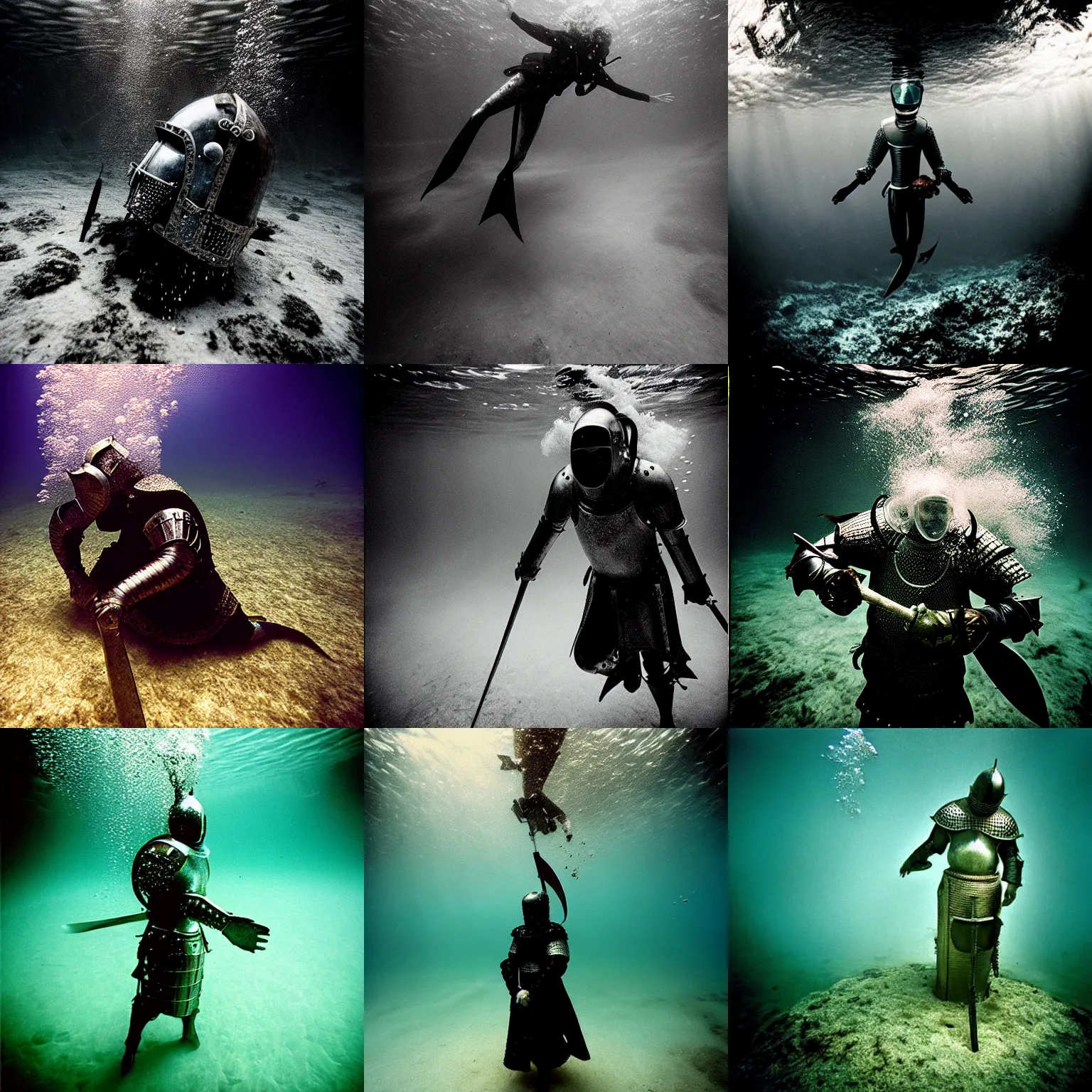 Image similar to Underwater photo of a beautiful medieval knight by Trent Parke, close up, clean, detailed, Magnum photos