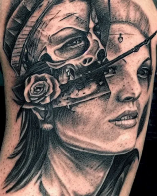Image similar to pirate ship on a deserted island next to a beautiful face of a woman warrior, realism tattoo drawing, hyper realistic, shaded