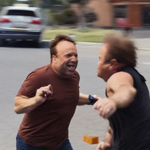 Image similar to realistic action photo of an Angry Alex Jones, running after small giggling Danny DeVito carrying an ice cream