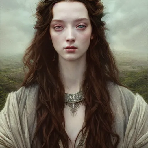 Image similar to striking Pre-Raphaelite Emma Dumont by Artgerm and Greg Rutkowski, intricate, elegant, highly detailed, digital painting, pale