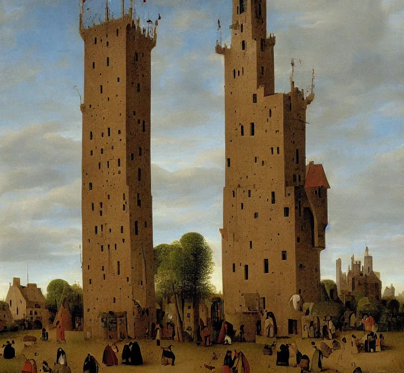 Image similar to a tall tower, by pieter breugel the elder