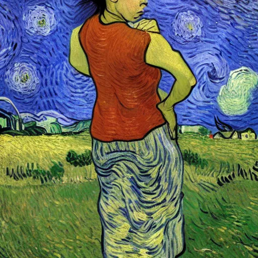 Prompt: van gogh painting of asian woman with hands on back in pain, grassy field, overcast weather, award-winning