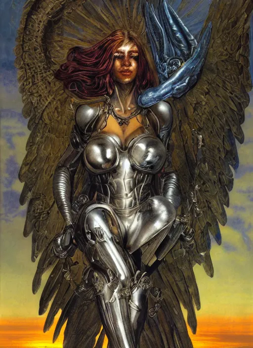 Image similar to biblical diabolical beautiful female valkyree android, on a pegasus, jump, heavy eyes to the side, closeup, bright glowing veins, in clouds, rain, sunset, portrait, by gerald brom, by mikhail vrubel, by peter elson, muted colors, extreme detail, reflections, trending on artstation, 8 k