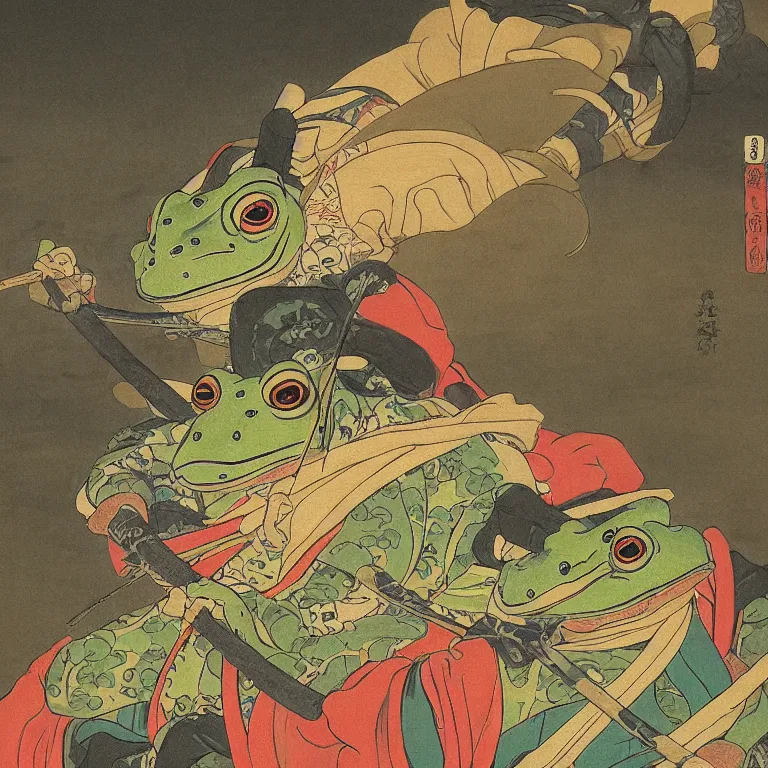 Prompt: Beautiful Intensely lit realistic scene of a Frog Samurai crossing a bridge, beautiful oil painting in the style of Kuniyoshi and Sharaku, trending on artstation dramatic lighting realism