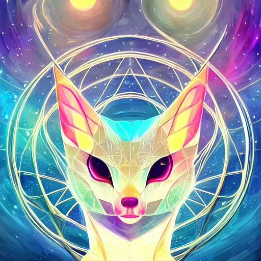 Image similar to geometric symmetrical jolteon with galaxy eyes in space, nebula in the background, intricate, elegant, highly detailed, digital painting, artstation, concept art, smooth, sharp focus, illustration, art by artgerm