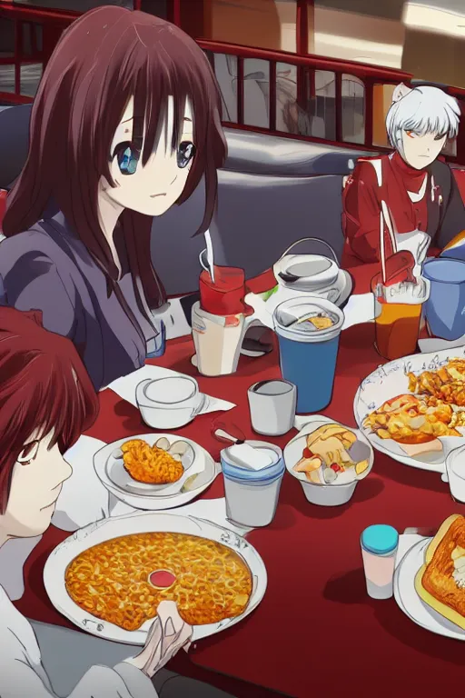 Image similar to a beautiful picture of people have breakfast in kfc, anime, detailed, 8 k