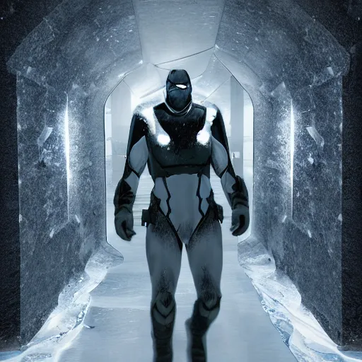 Prompt: a superhero man who is made of ice, ice and snow for skin he is standing in a spaceship corridor, cinematic, graphic novel, matte fantasy painting, extremely high detail, photo realistic, 4k, post processed, Artstation