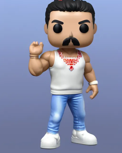 Image similar to 3 d render of a freddie mercury, white sleeveless tank top blue jeans as a funko pop!, four, studio lighting, white background, single body, no shadow, blender, trending on artstation, 8 k, highly detailed