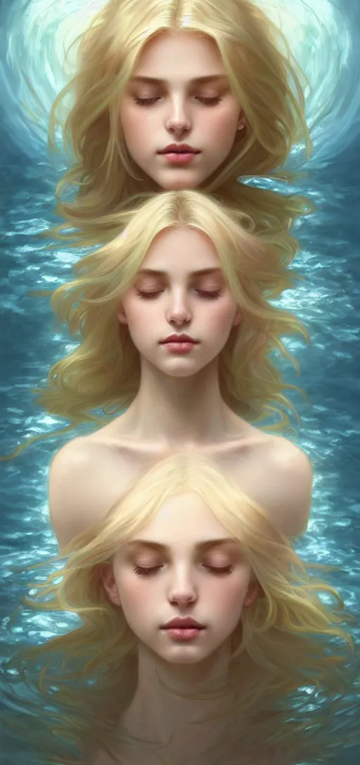 Image similar to perfect feminine face meditation!! murky underwater atmosphere, wind blowing, full body portrait of young fairy goddess blessed by nature, physical mental perfection, blonde, symmetrical! intricate, sensual, highly detailed, biblical divine holy perfection!! digital painting, artstation, concept art, smooth, sharp focus, by artgerm and greg rutkowski and alphonse mucha