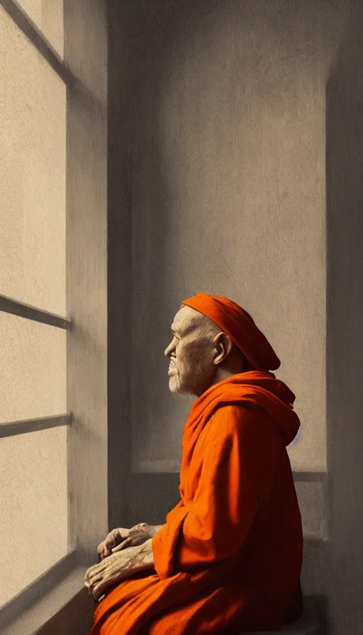 Image similar to portrait of an old monk sitting by a spaceship window, orange robe, dramatic lighting, artstation, matte painting, johannes vermeer