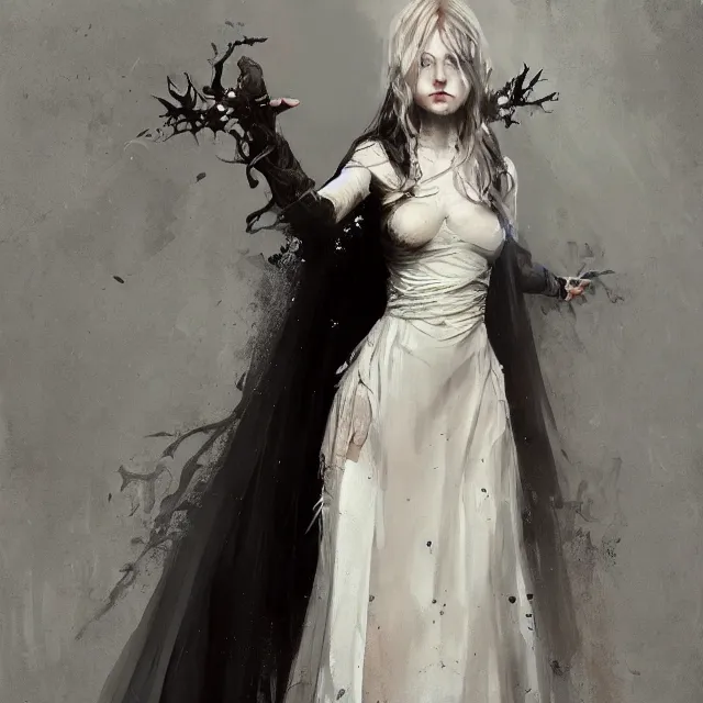 Prompt: a painting of a pale gothic girl in a beautiful dress by greg rutkowski, dark fantasy art, high detail, trending on artstation