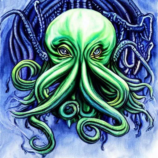 Image similar to cthulhu with indigo hair, realistic painting