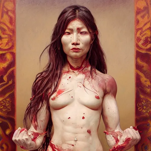 Prompt: portrait painting of a muscular bloodied nepali female butcher back, ultra realistic, concept art, intricate details, eerie, highly detailed, photorealistic, octane render, 8 k, unreal engine. art by artgerm and greg rutkowski and alphonse mucha