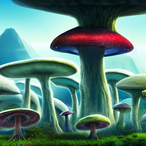 Image similar to an alien landscape with giant mushrooms and plants. Some alien animals are walking around. In the background you can see a futuristic city. Happy, uplifting. Detailed digital matte painting