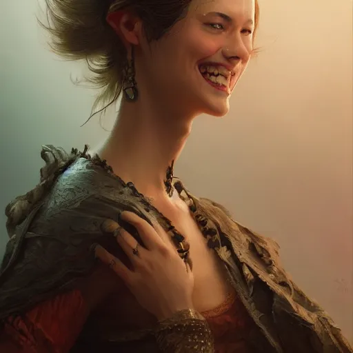 Prompt: portrait of a woman, happy, smile, fun, intricate, elegant, highly detailed, digital painting, artstation, concept art, matte, sharp focus, illustration, octane render, unreal engine, art by aenaluck and roberto ferri and greg rutkowski, epic fantasy, digital painting