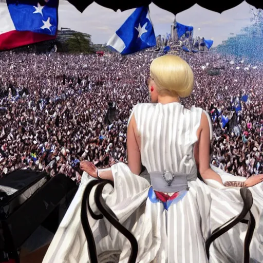 Image similar to Lady Gaga as Evita, Argentina presidential rally, Argentine flags behind, bokeh, epic photo, detailed face, Argentina