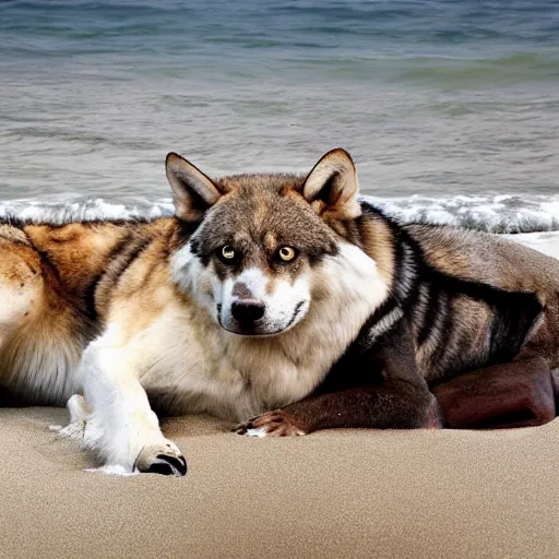 Image similar to professional photo of a shark body and canine wolf head half wolf half shark strange chimera discovered on the beach