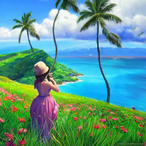 Image similar to A detailed and intricately painted scene of a girl looking at a beautiful Hawaiian landscape of flowers and clear blue waters, featured on ArtStation, trending on ArtStation, cgsociety, trending on 500px, deviantart