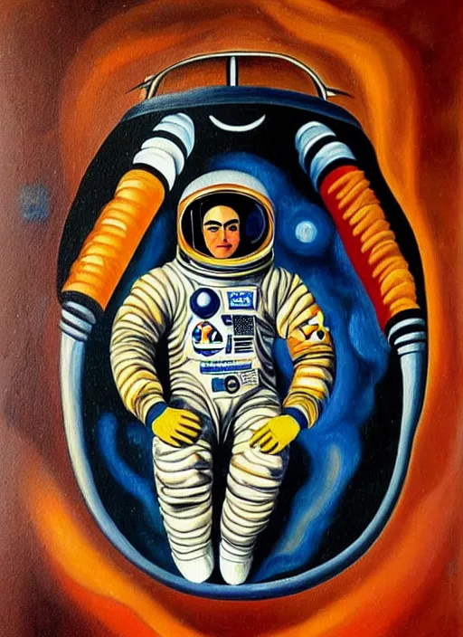 Prompt: a painting of an astronaut in a soyuz capsule by frida kahlo