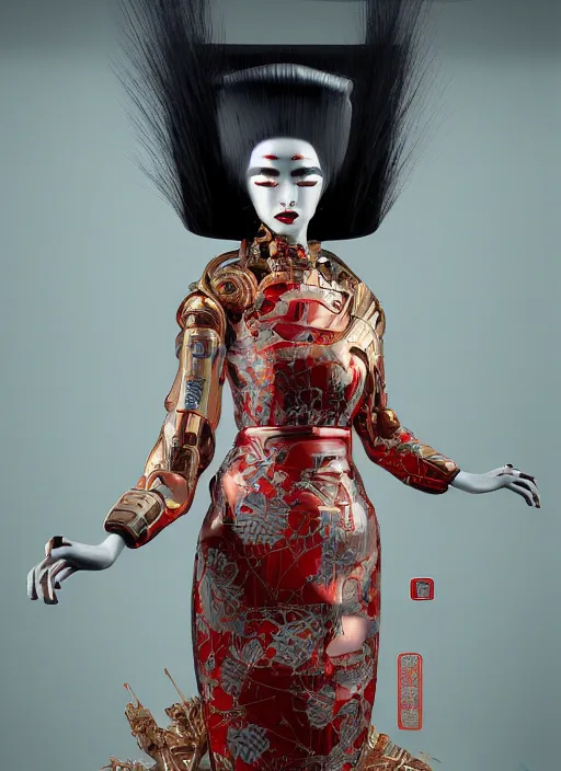 Image similar to portrait of a futuristic geisha cyborg, with a red kimono with japanese golden signs written on it, kintsugi, modern fine art, fractal, intricate, elegant, highly detailed, digital photography, parallax, subsurface scattering, in the style of ghost, by jheronimus bosch and yue minjun and greg rutkowski,