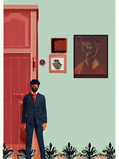 Prompt: artwork by Enjolras Delphin and Wes Anderson, of a solo individual portrait of an Indian guy with lilies, dapper, simple illustration, domestic, nostalgic, full of details, Matte painting, trending on artstation and unreal engine