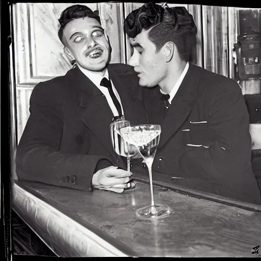 Prompt: gay couple on a bar in paris, 4 0 s, photograph
