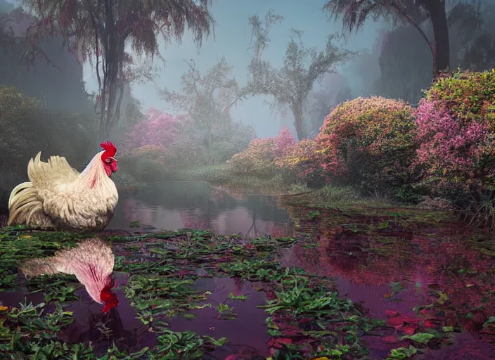 Image similar to soft painting large rooster reflection refraction world synthwave ruins ponds alien vegetation, accurate features, focus, very intricate ultrafine details, black autumn, dense fog, award winning masterpiece, octane render 8 k hd, fantasy