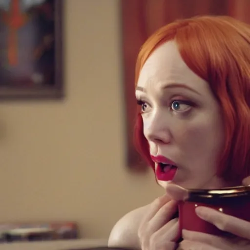 Image similar to amazing beautiful Christina Hendricks with mouth wide open in the living room, film still from the movie directed by Denis Villeneuve , wide lens