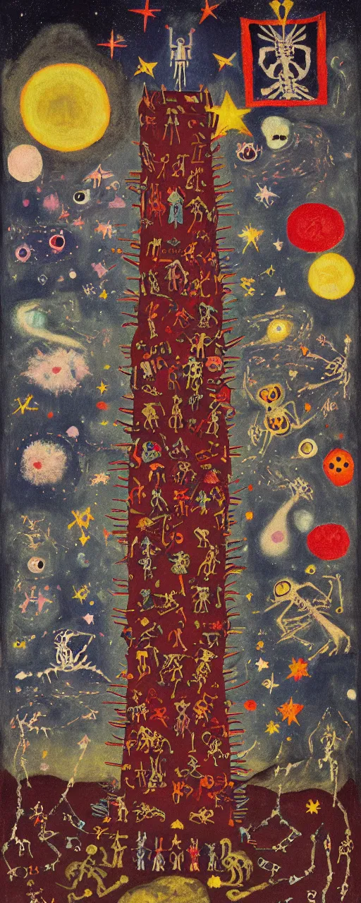 Image similar to pixel decollage painting tarot lovers card composition tower of babel road red armor maggot bear and wonky alien frog skeleton knight on a horse in a dark red cloudy night sky with golden foil jewish stars, occult symbols and diamonds, mountain lake and blossoming field in background, painted by Mark Rothko, Helen Frankenthaler, Danny Fox and Hilma af Klint, pixelated, neo expressionism, semi naive, pastel colors, cinematic, color field painting, cave painting, voxel, pop art look, outsider art, minimalistic. Bill Traylor painting, part by Philip Guston and Francis Bacon. art by Adrian Ghenie, very coherent symmetrical artwork, cinematic, hyper realism, high detail, octane render, unreal engine, Smooth gradients, depth of field, full body character drawing, extremely detailed, 8k, extreme detail, intricate detail, masterpiece