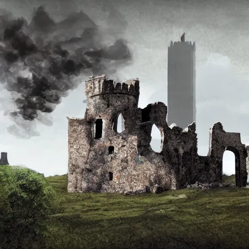 Prompt: crumbling old castle with legs moving towards a dense cityscape, smoke and sirens in the distance, digital art, hyperrealism