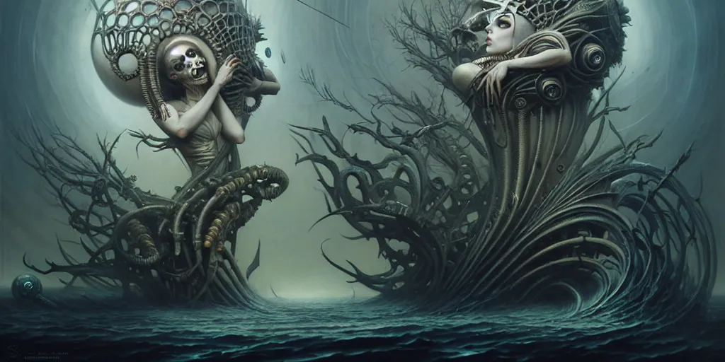 Image similar to shkkeled in the voied, by hr giger and cgsociety. stunning goddess of speed charlie bowater and tom bagshaw, insanely detailed, artstation, space art. atoms surrounded by skulls and spirits deep under the sea, horror, sci - fi, surrealist painting, by peter mohrbacher anato finnstark