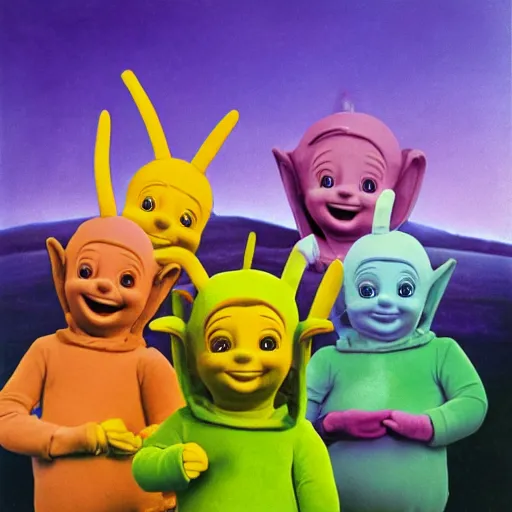 Prompt: renaissance painting of the teletubbies at final supper