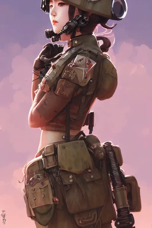 Prompt: dieselpunk blackpink jisoo as soldier girl, helmet, portrait, desert, armored, highly detailed, sharp focus, art, illustrations by rossdraws and ayanamikodon and wlop and irakli nadar and loish