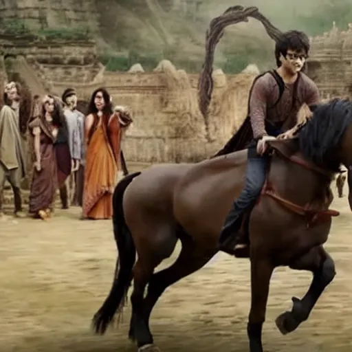 Image similar to harry potter in bahubali ~ on a horse ~