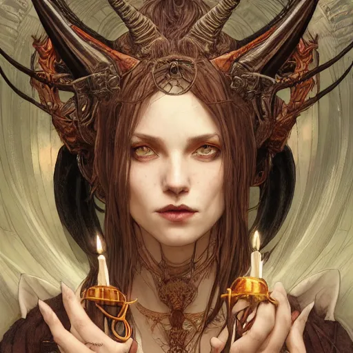 Image similar to a beautiful illustration of a satanic witch with horns in head holding a dragon, intricate, sharp focus, illustration, highly detailed, digital painting, concept art, matte, art by wlop and artgerm and greg rutkowski and alphonse mucha, masterpiece