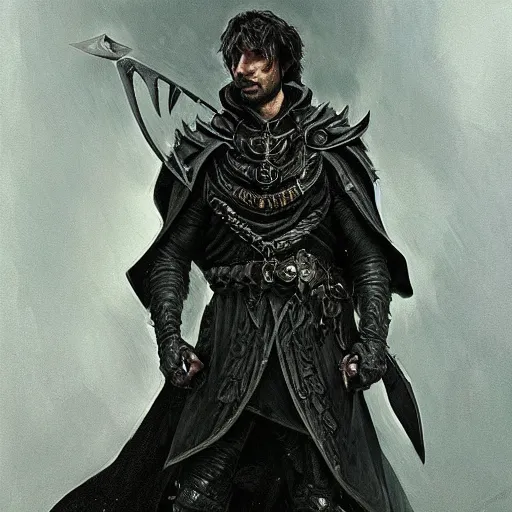 Image similar to the torturer Severian from Book of the New Sun by gene wolfe holds his sword and wears his darkest black cape, D&D, fantasy, intricate, highly detailed, oil painting, artstation, Greg Rutkowski, Artgerm, Alphonse Mucha, WLOP