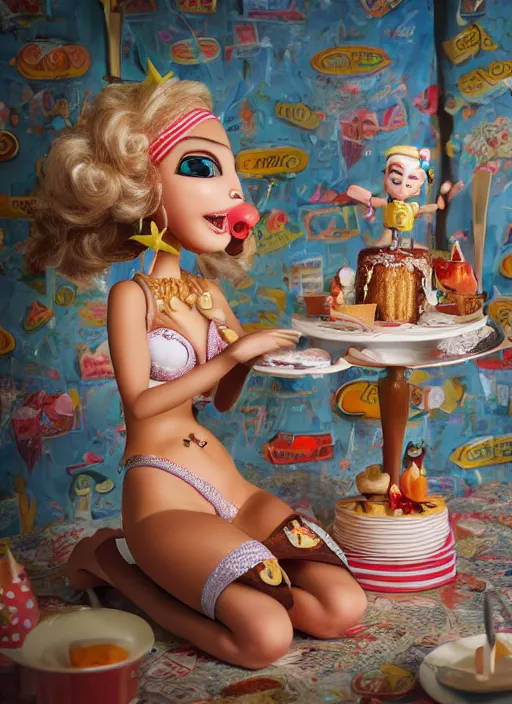 Image similar to closeup of a tin toy bikini girl eating cakes, depth of field, zeiss lens, detailed, symmetrical, centered, fashion photoshoot, by nicoletta ceccoli, mark ryden, lostfish, earl nore, hyung tae, frank frazetta, breathtaking, 8 k resolution, extremely detailed, beautiful, establishing shot, artistic, hyperrealistic, octane render