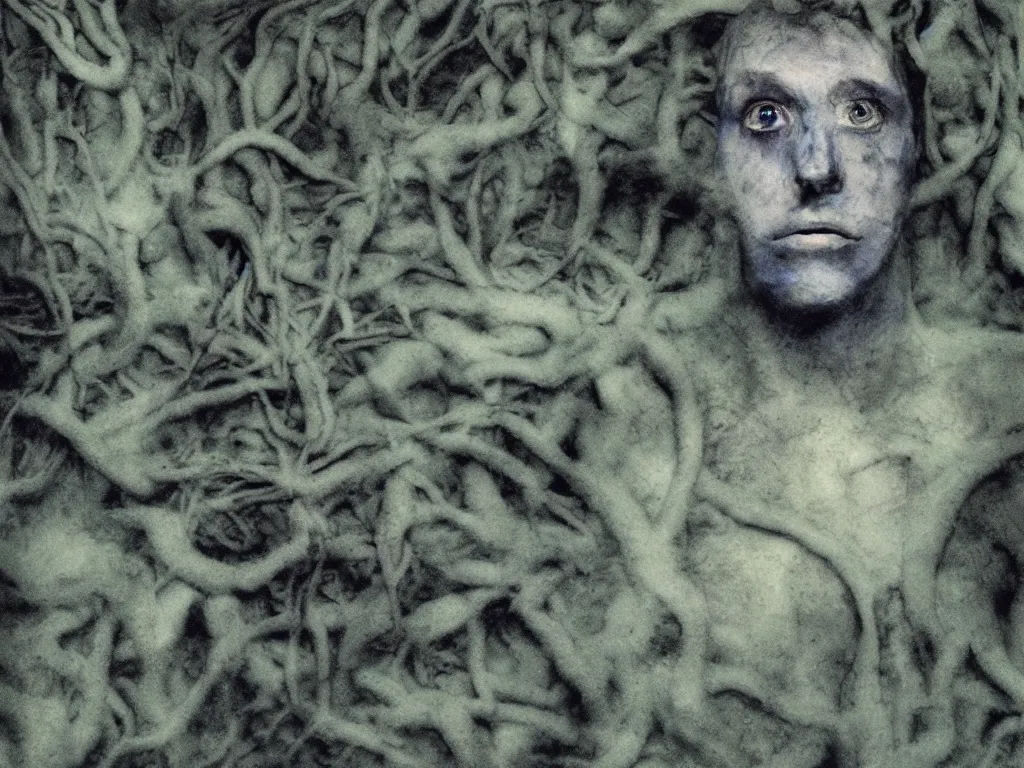 Image similar to medium shot, a human face made by blue vines in a dark cave, creepy, extreme detail, polaroid photo, vintage, neutral colors, by gregory crewdson