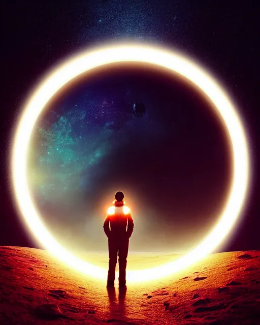 Image similar to a person standing in front of a glowy open door that's on a barren moon, poster art by mike winkelmann, trending on cg society, space art, sci - fi, ue 5, futuristic, volumetric lighting, light casting onto the ground, neat composition and camera angle