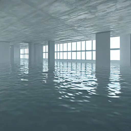 Image similar to photo of a vast interior space of irregular rooms and corridors, bizarre architecture. ceramic white tiles on all the walls. the floor is flooded with one meter deep water. eerie, volumetric lighting