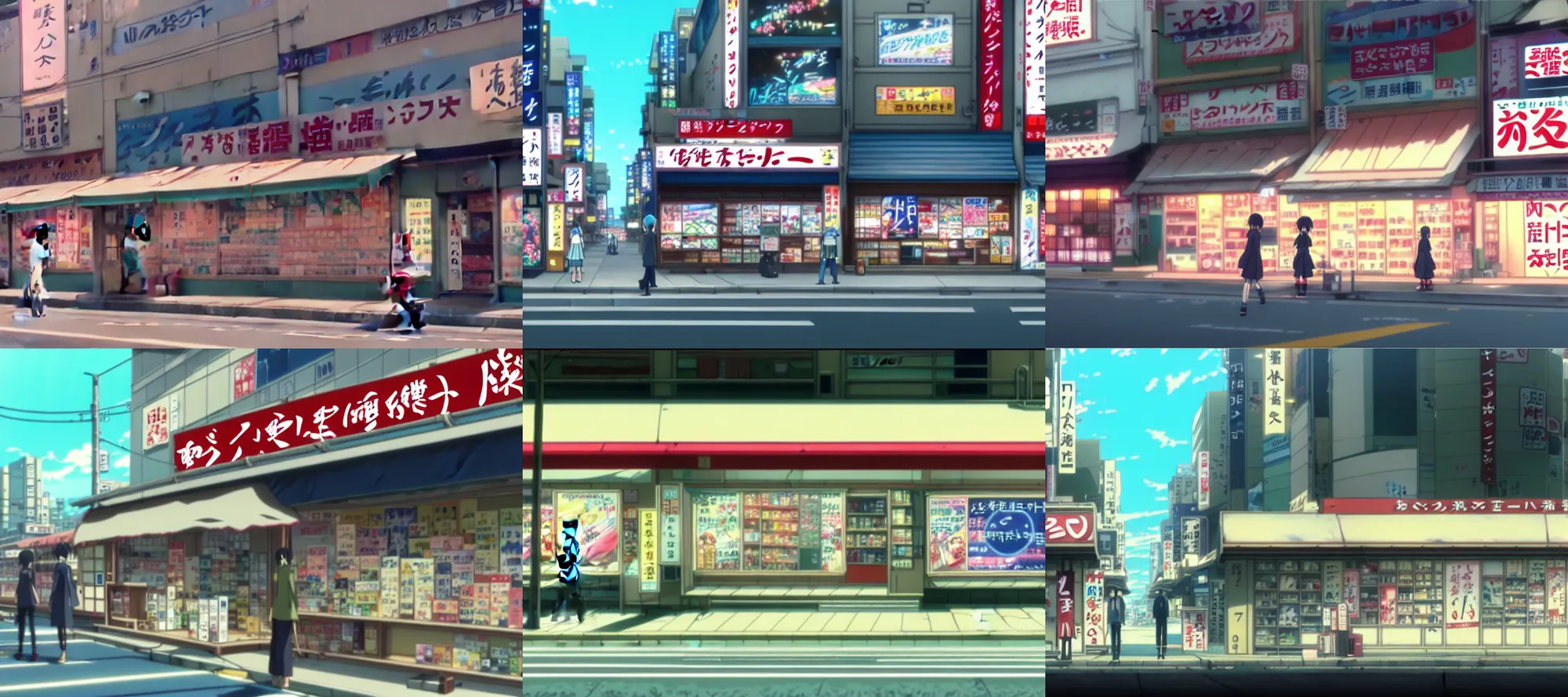 Prompt: screenshot from the anime by Makoto Shinkai of a japanese storefront with many signs and advertisements