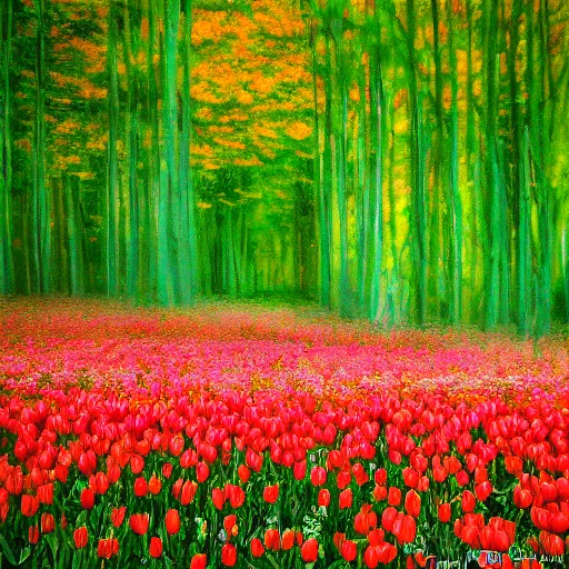 Image similar to Wild tulips in a natural forest in monet style