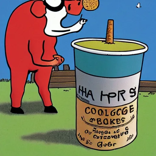 Image similar to far side comic strip, gary larson, a cow points at a bucket, illustration