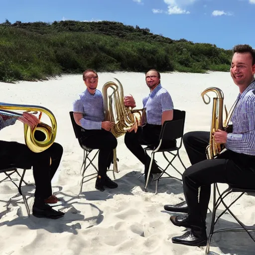 Prompt: tuba quartet on a beach landscape