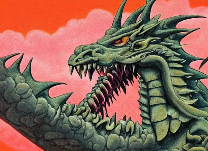 Image similar to pleasing - palette roaring symmetrical dragon head, close - up, pleasing palette, spiky teeth, highly detailed, made out of idyllic nebulous clouds sophisticated detailed pastel dragon from scenery fantasia ( 1 9 4 1 )