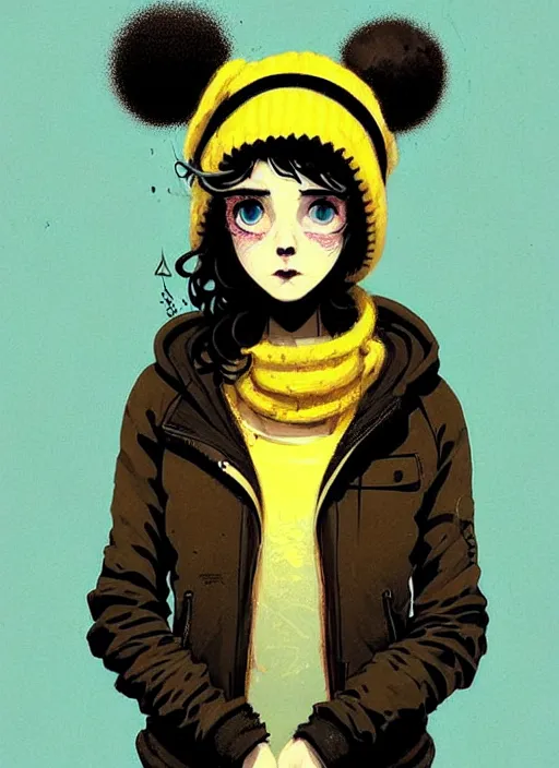 Image similar to highly detailed portrait of a sewerpunk student lady, blue eyes, hoody, beanie hat, black curly hair by atey ghailan, by joe fenton, by greg rutkowski, by greg tocchini, by kaethe butcher, gradient yellow, black, brown and cyan color scheme, grunge aesthetic!!! ( ( dystopian graffiti tag wall background ) )