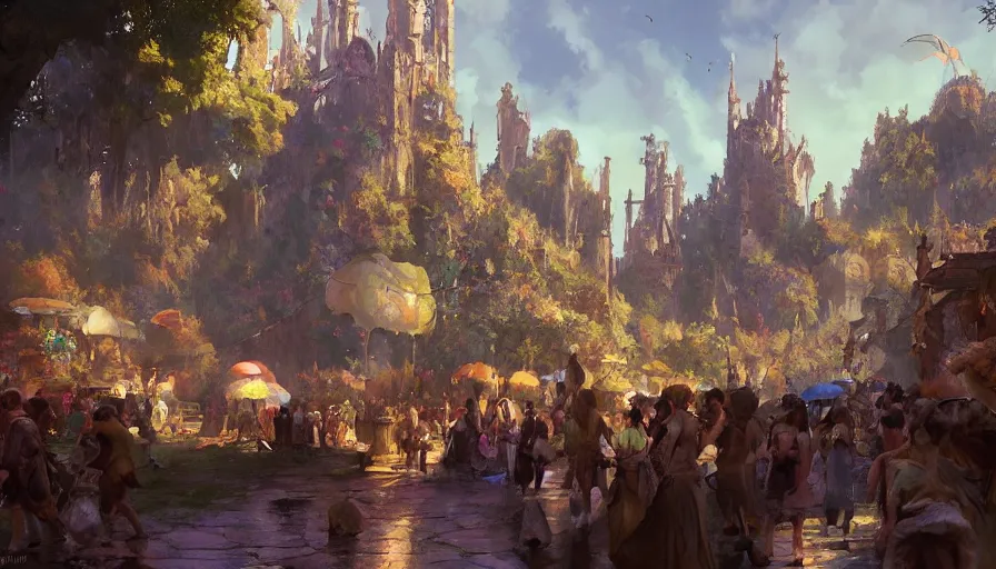 Image similar to craig mullins and ghibli digital illustration of a festival in the medieval city of the fae, faeries, fanciful, colorful, unreal engine, hyper realism, realistic shading, cinematic composition, realistic render, octane render, detailed textures, photorealistic, wide shot,