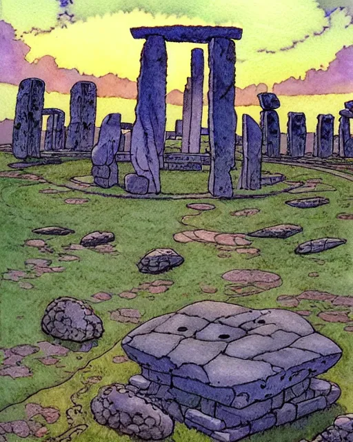 Image similar to a hyperrealist studio ghibli watercolor fantasy concept art. in the foreground is a giant grey octopus building and putting stones in to place on top of stonehenge with a starry sky. by rebecca guay, michael kaluta, charles vess