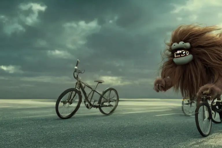 Image similar to a large, long haired monster rides a tiny bicycle, cinematic lighting, highly detailed